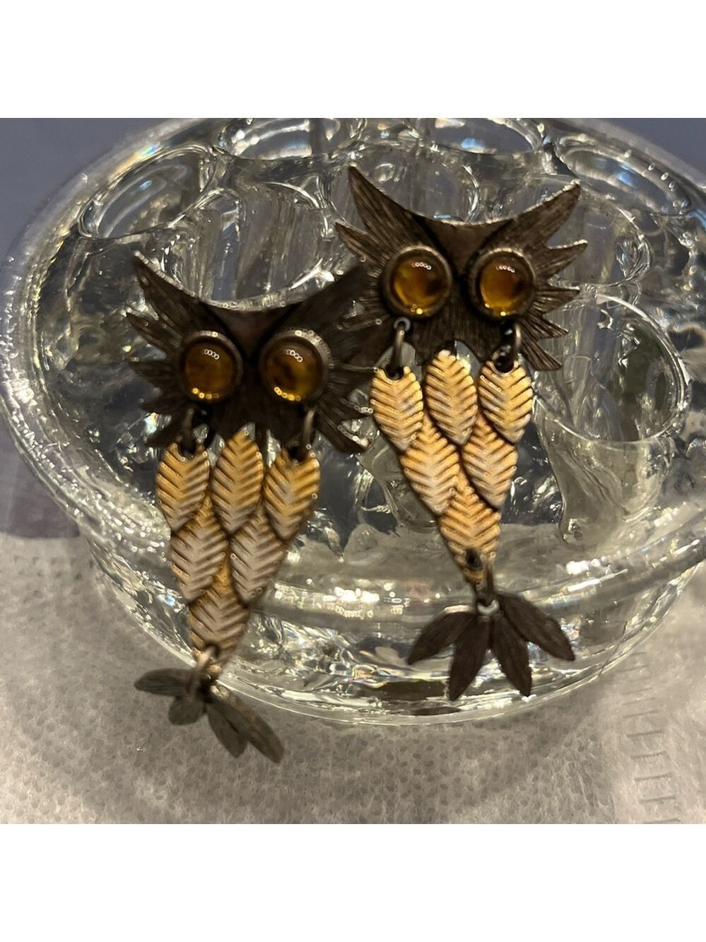 Vintage Owl Earrings with Amber Accent